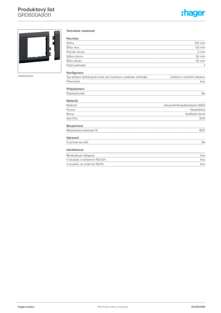 Obrázek Hager Produktový list GR0800A9011 | Hager