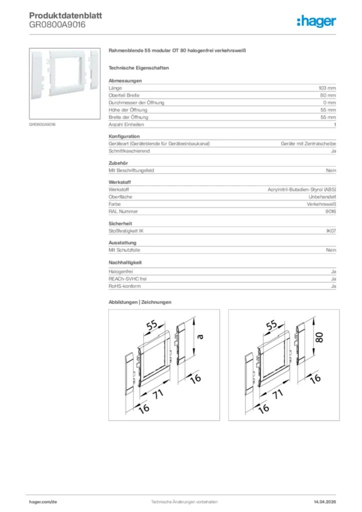 Bild Hager Produktdatenblatt GR0800A9016 | Hager Deutschland