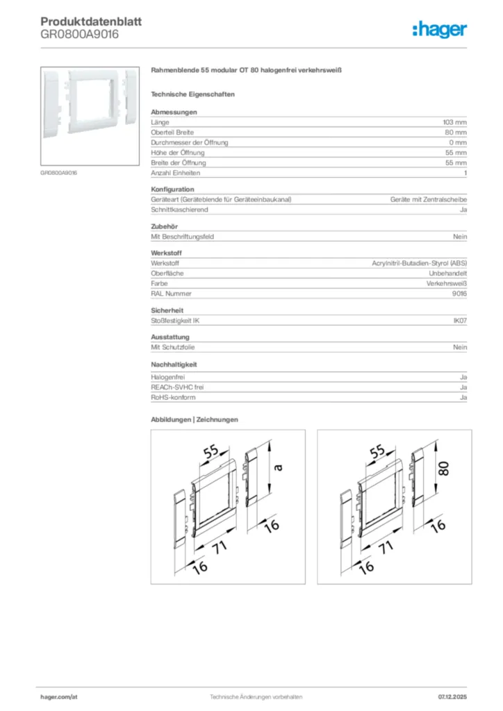 Bild Hager Produktdatenblatt GR0800A9016 | Hager Deutschland