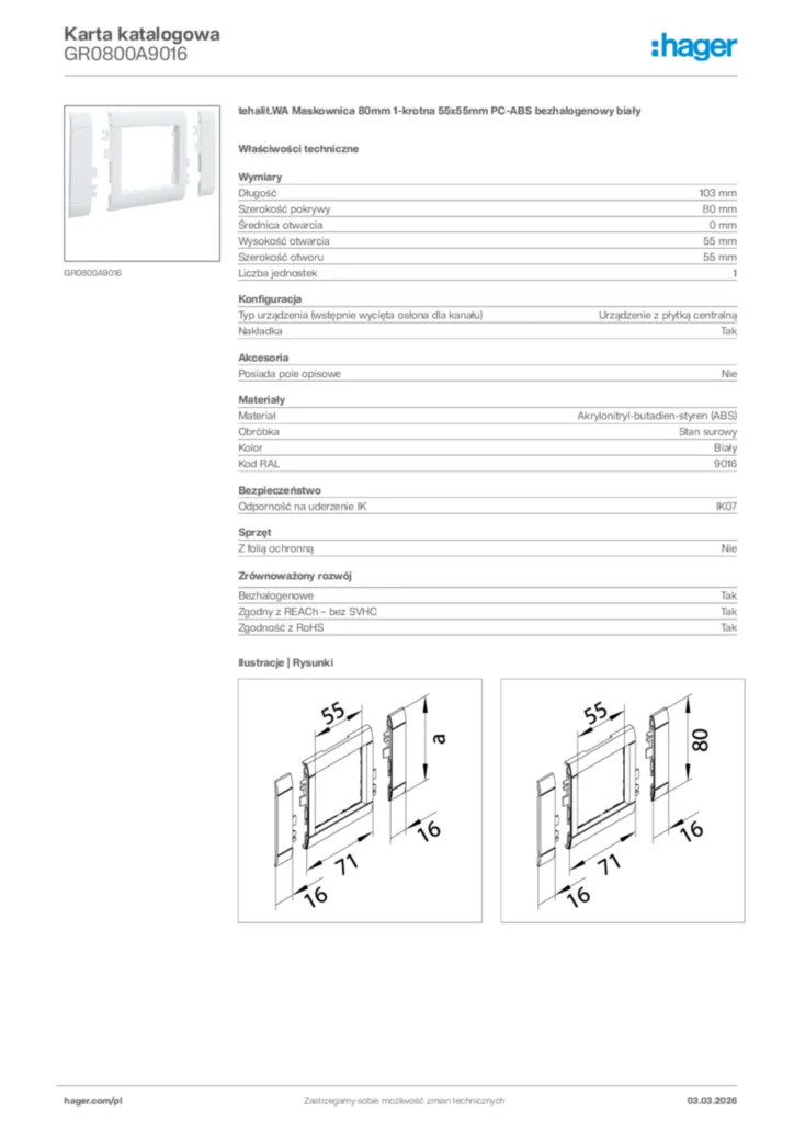 Zdjęcie Hager Karta katalogowa GR0800A9016 | Hager Polska
