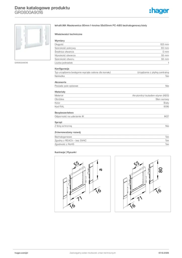 Zdjęcie Hager Karta katalogowa GR0800A9016 | Hager Polska