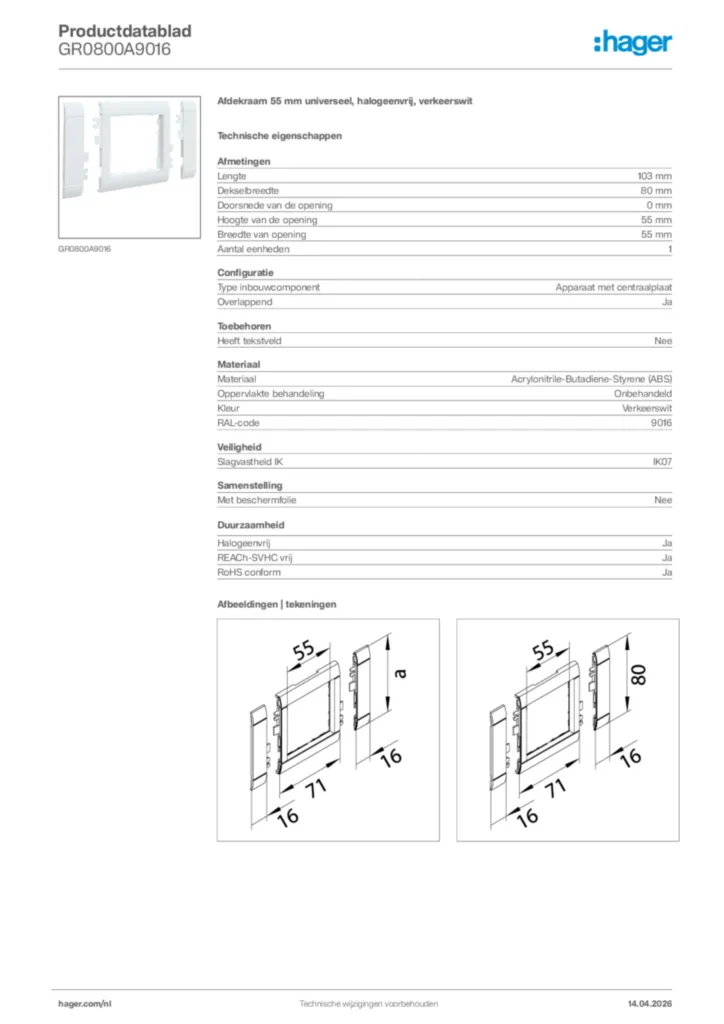 Afbeelding Hager Productdatablad GR0800A9016 | Hager Nederland