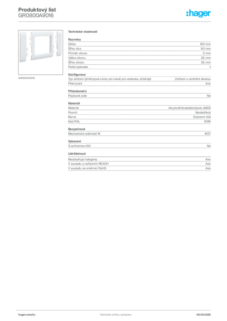 Obrázek Hager Produktový list GR0800A9016 | Hager