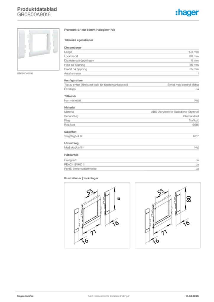 Bild Hager Produktdatablad GR0800A9016 | Hager Sverige