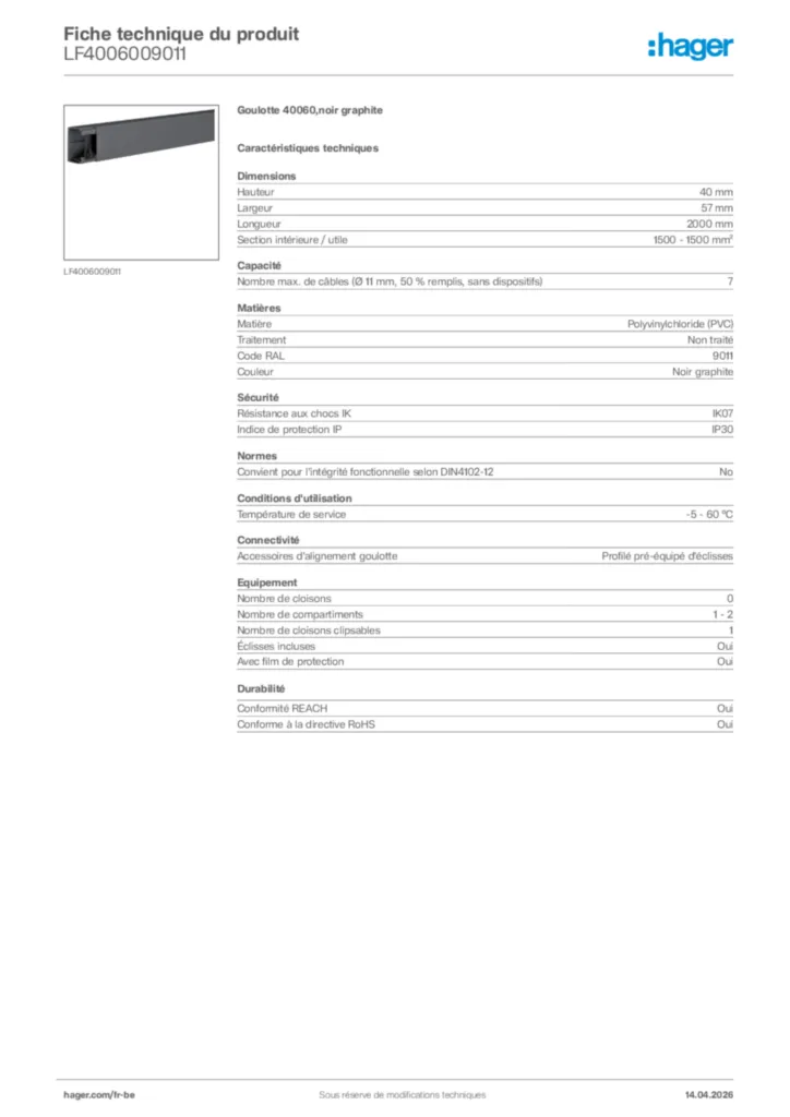 Image Hager Fiche technique du produit LF4006009011 | Hager Belgique