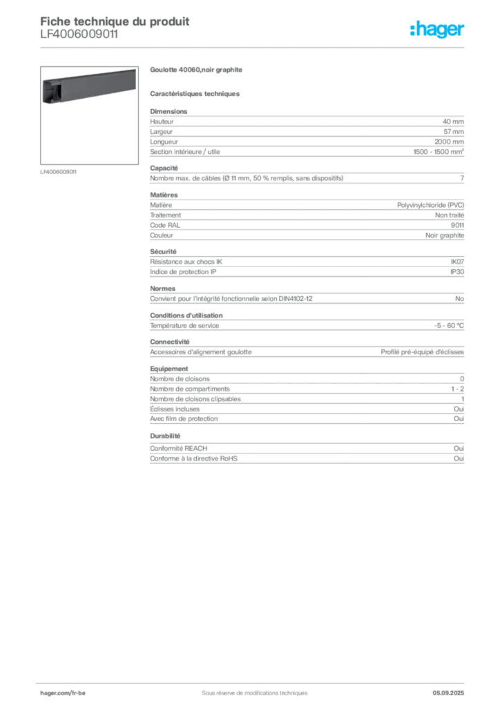 Image Hager Fiche technique du produit LF4006009011 | Hager Belgique