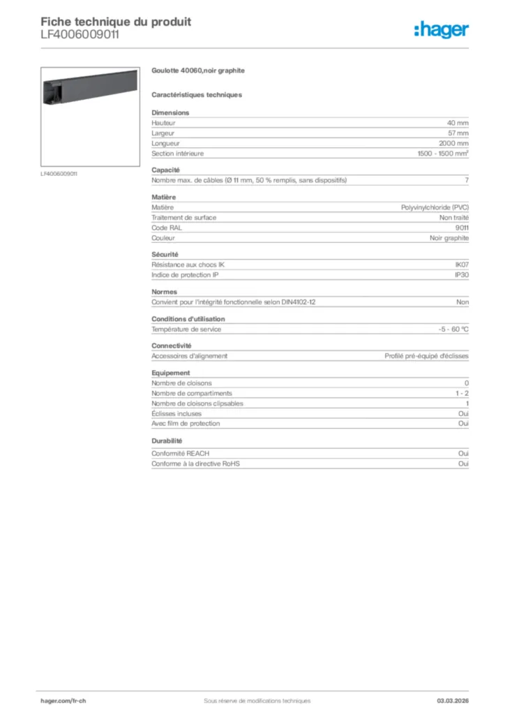 Image Hager Fiche technique du produit LF4006009011 | Hager Suisse