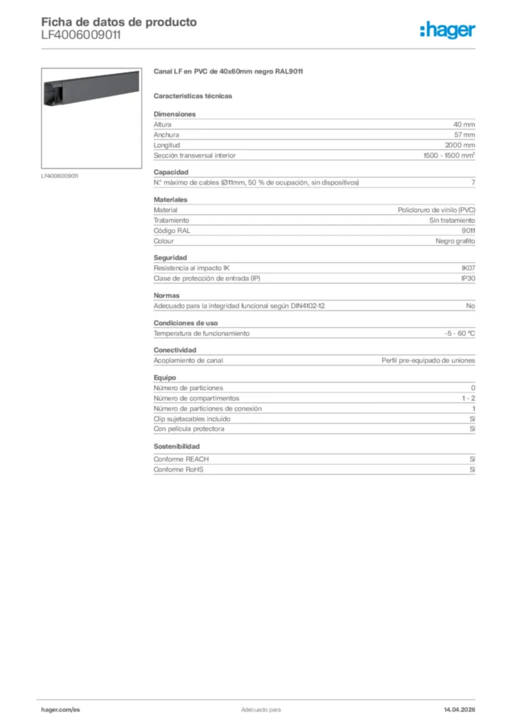 Imagen Hager Ficha de datos de producto LF4006009011 | Hager España