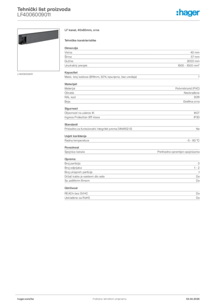 Slika Hager Tehnički list proizvoda LF4006009011  | Hager
