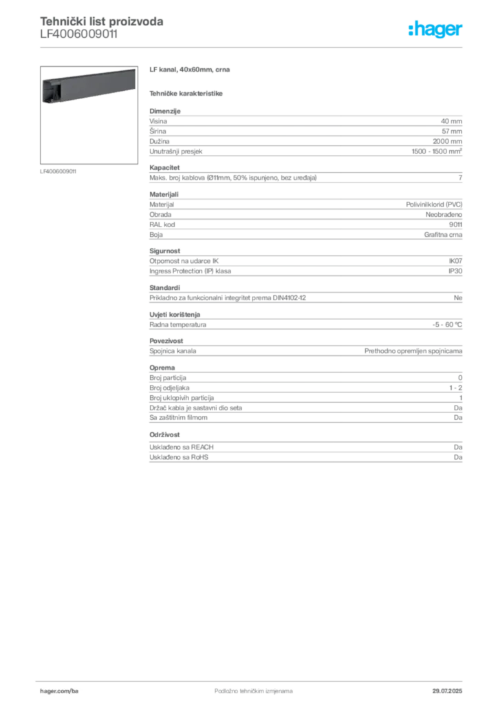 Slika Hager Product data sheet LF4006009011  | Hager