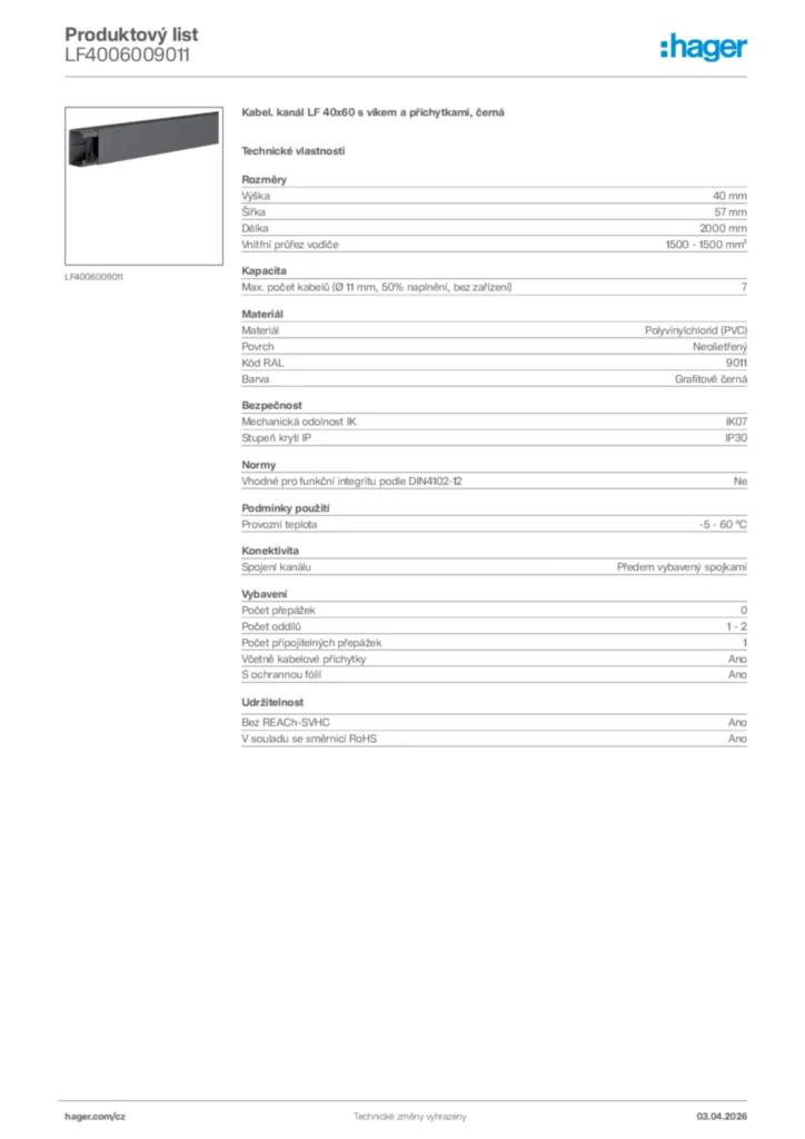Obrázek Hager Product data sheet LF4006009011 | Hager