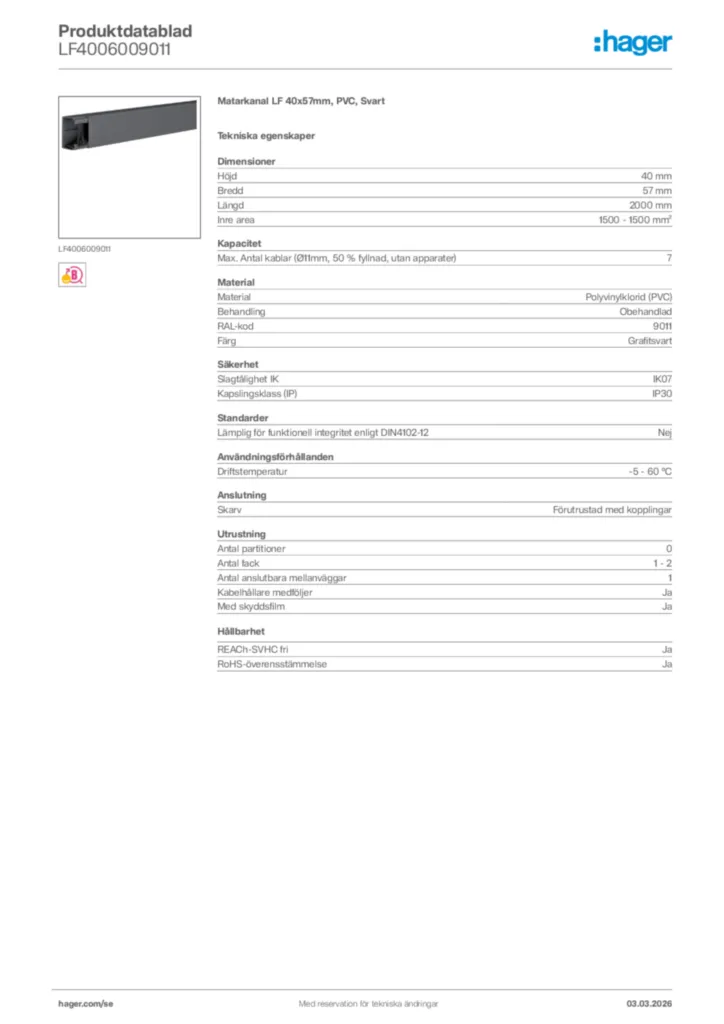 Bild Hager Produktdatablad LF4006009011 | Hager Sverige