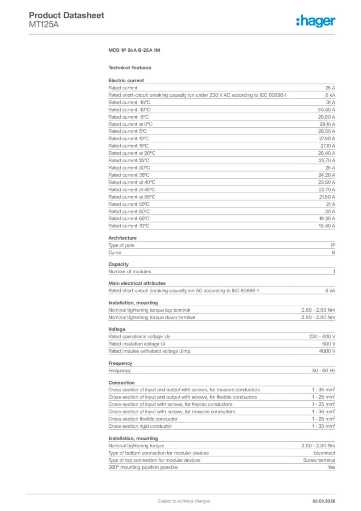 Image Hager Product data sheet MT125A  | Hager Africa