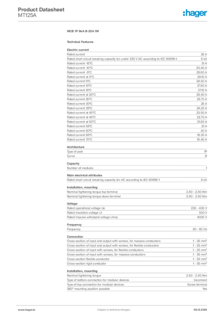 Image Hager Product data sheet MT125A  | Hager