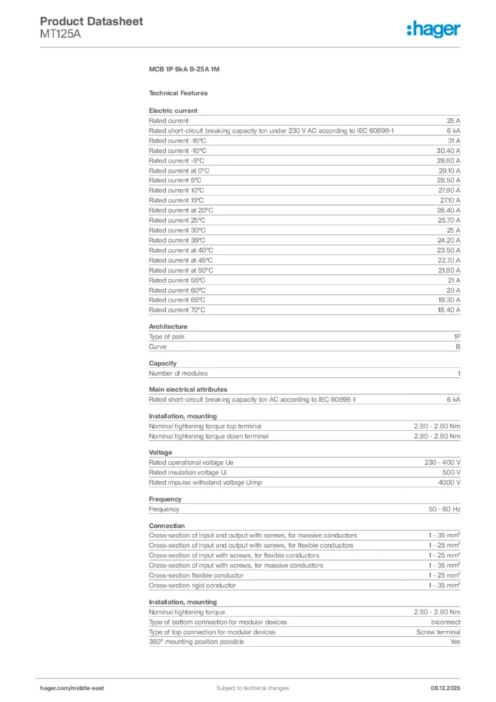 Image Hager Product data sheet MT125A  | Hager
