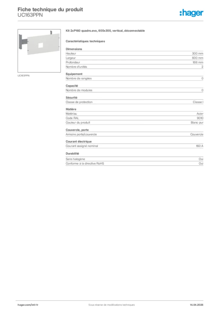 Image Hager Fiche technique du produit UC163PPN | Hager Afrique