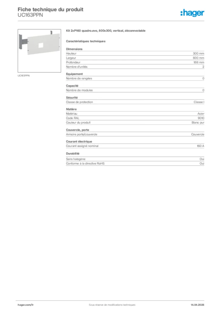 Image Hager Fiche technique du produit UC163PPN | Hager France
