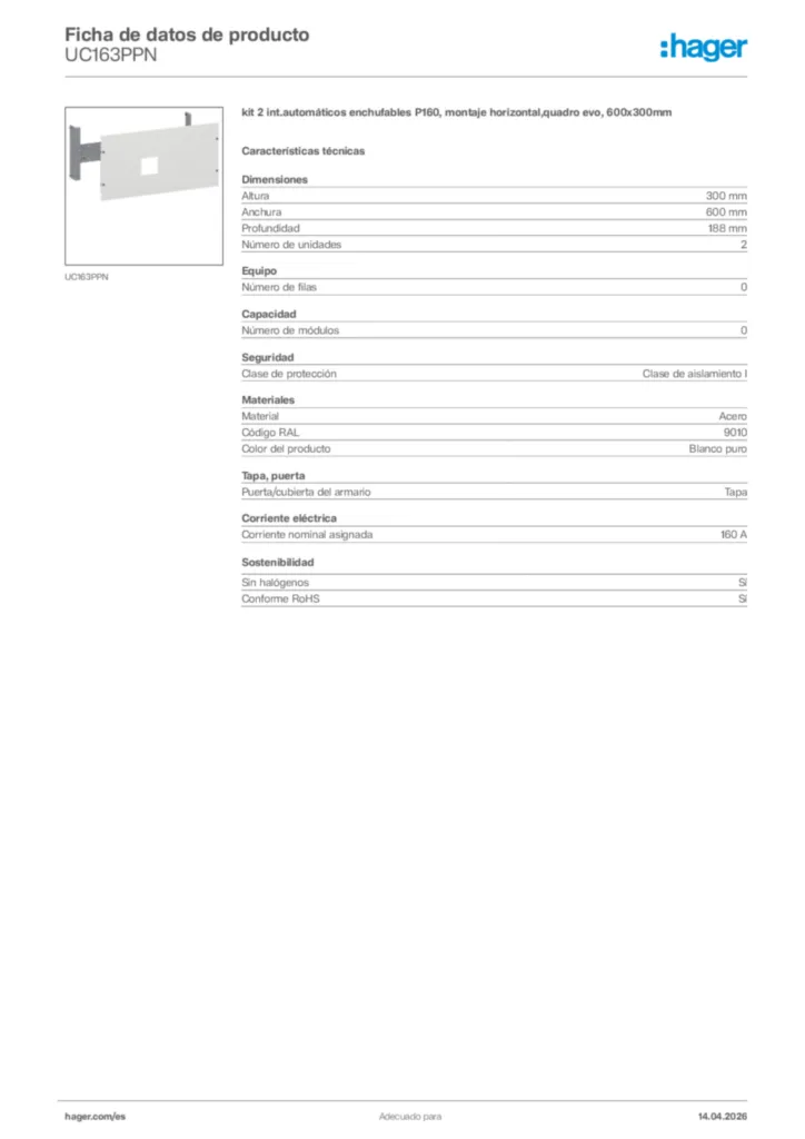 Imagen Hager Ficha de datos de producto UC163PPN | Hager España