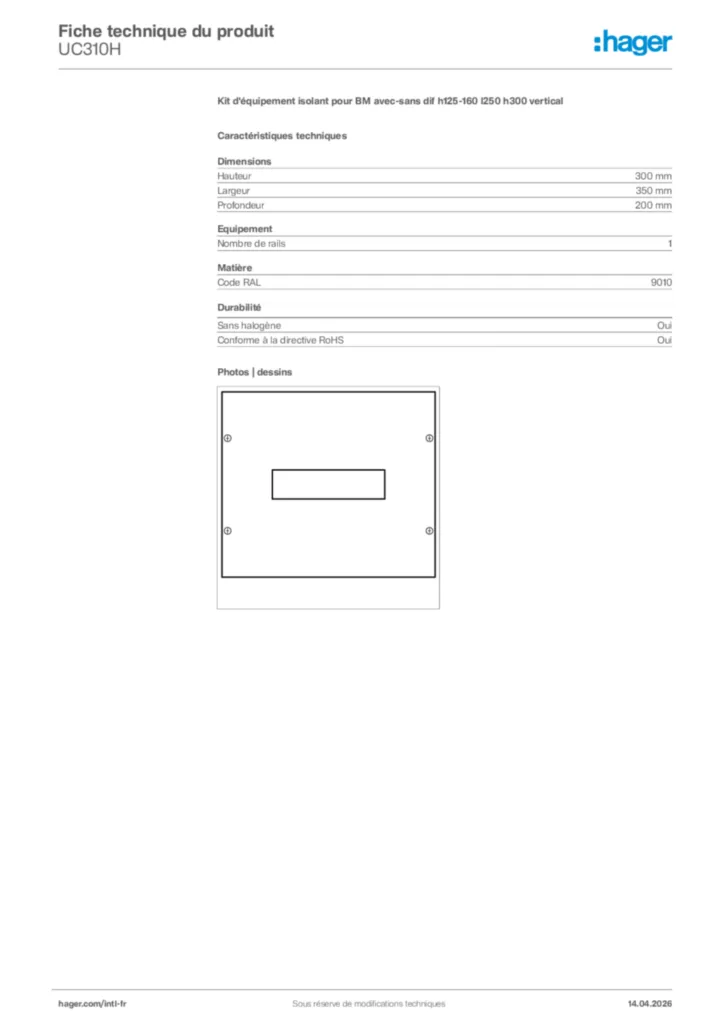 Image Hager Fiche technique du produit UC310H | Hager Afrique
