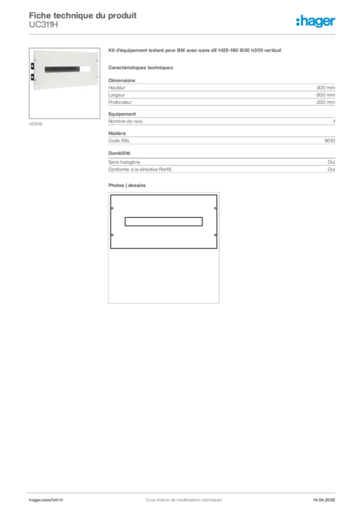 Image Hager Fiche technique du produit UC311H | Hager Afrique