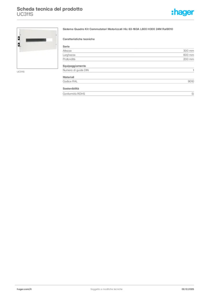 Immagine Hager Scheda tecnica del prodotto UC311S | Hager Italia