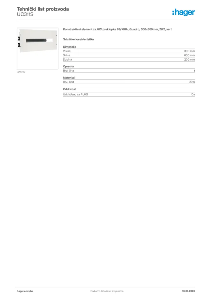 Slika Hager Tehnički list proizvoda UC311S  | Hager