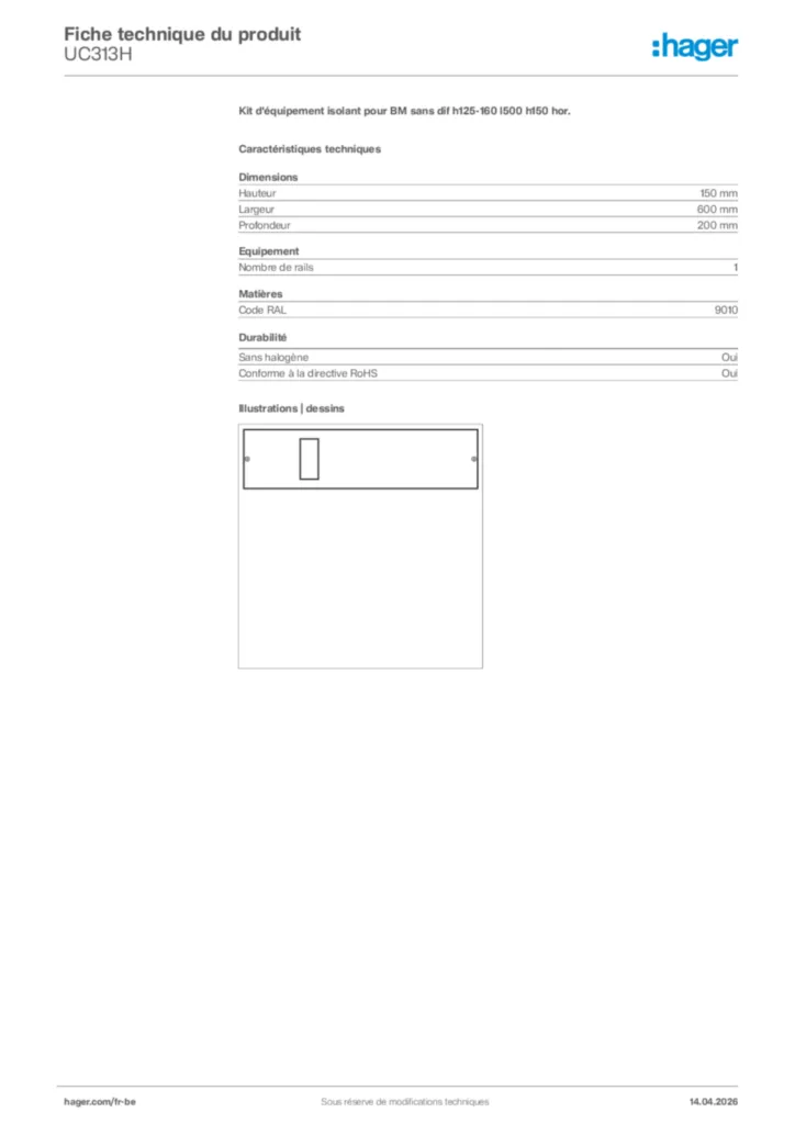 Image Hager Fiche technique du produit UC313H | Hager Belgique