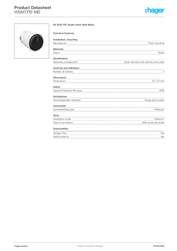 Image Hager Product data sheet WBMTPB-MB  | Hager Australia