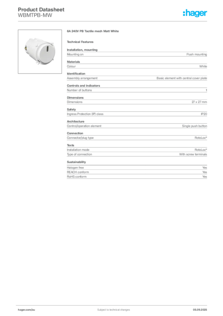 Image Hager Product data sheet WBMTPB-MW  | Hager Australia