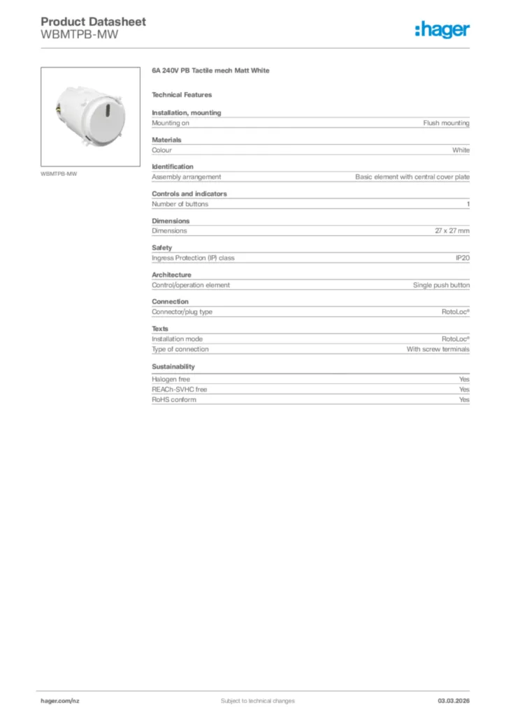 Image Hager Product data sheet WBMTPB-MW  | Hager New Zealand