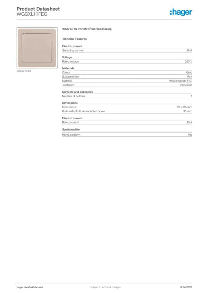 Image Hager Product data sheet WGCXL111FEG  | Hager