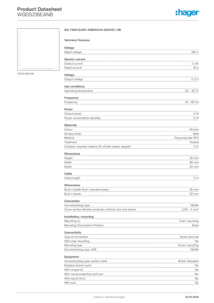 Image Hager Product data sheet WGDS216EANB  | Hager