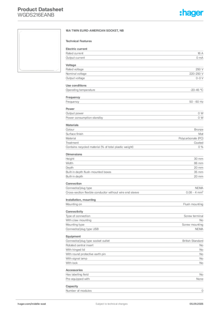 Image Hager Product data sheet WGDS216EANB  | Hager