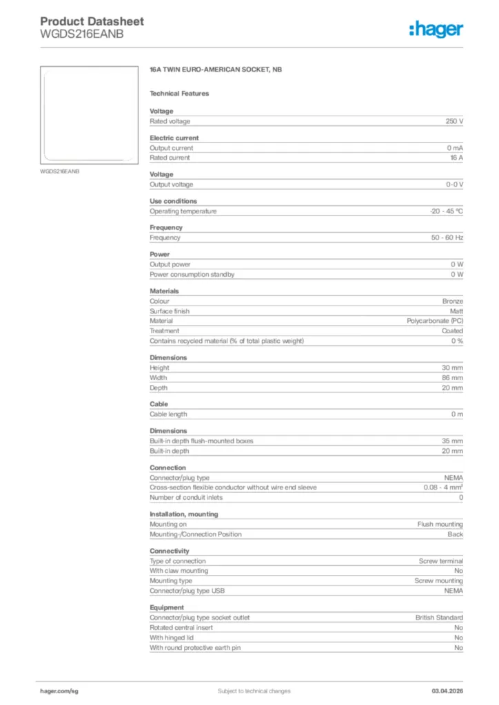 Image Hager Product data sheet WGDS216EANB  | Hager