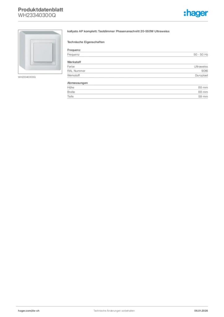 Bild Hager Produktdatenblatt WH23340300Q | Hager Schweiz