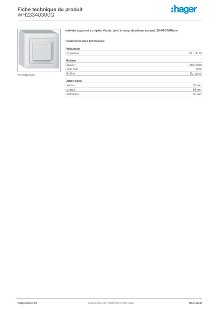 Image Hager Fiche technique du produit WH23340300Q | Hager Suisse