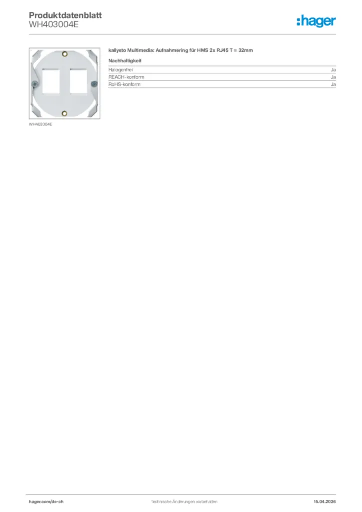 Bild Hager Produktdatenblatt WH403004E | Hager Schweiz