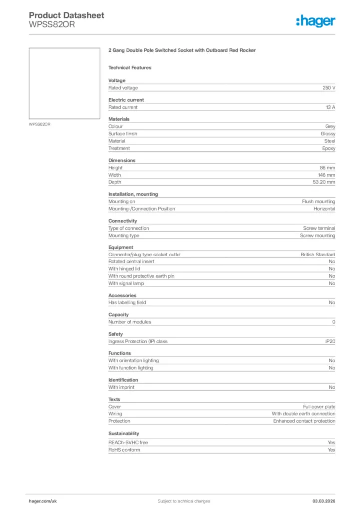 Image Hager Product data sheet WPSS82OR  | Hager