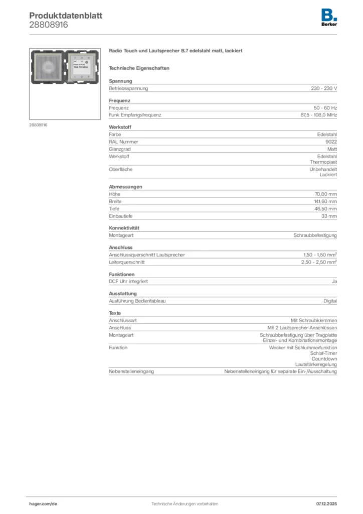 Bild Berker Produktdatenblatt 28808916 | Hager Deutschland
