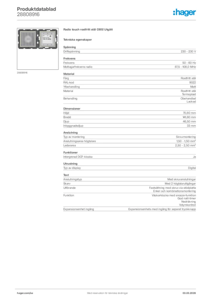 Bild Hager Produktdatablad 28808916 | Hager Sverige