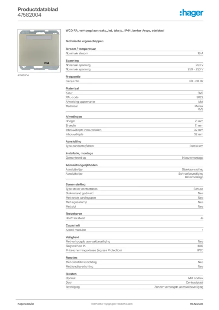 Afbeelding Hager Productdatablad 47582004 | Hager Nederland