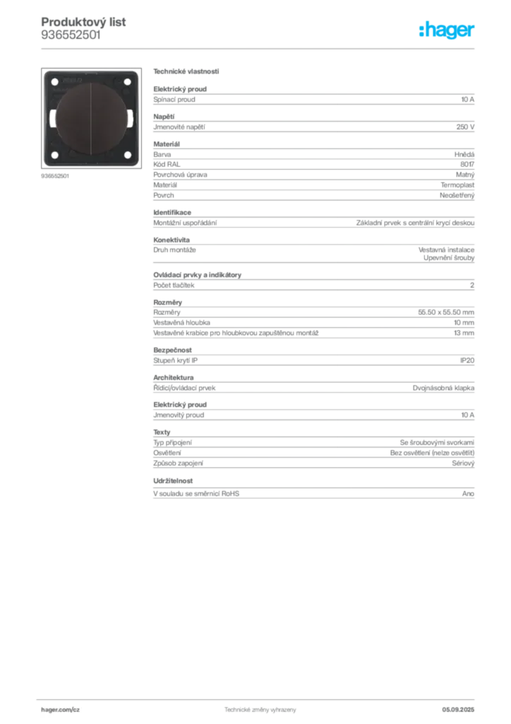 Obrázek Hager Produktový list 936552501 | Hager