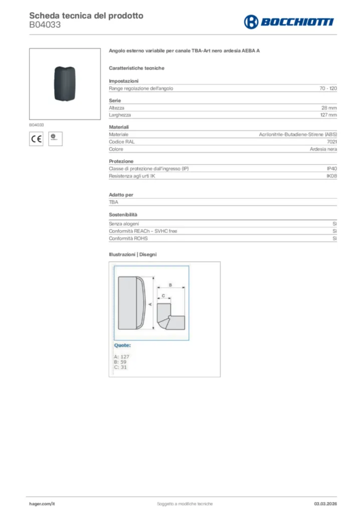 Immagine Bocchiotti Scheda tecnica del prodotto B04033 | Hager Italia