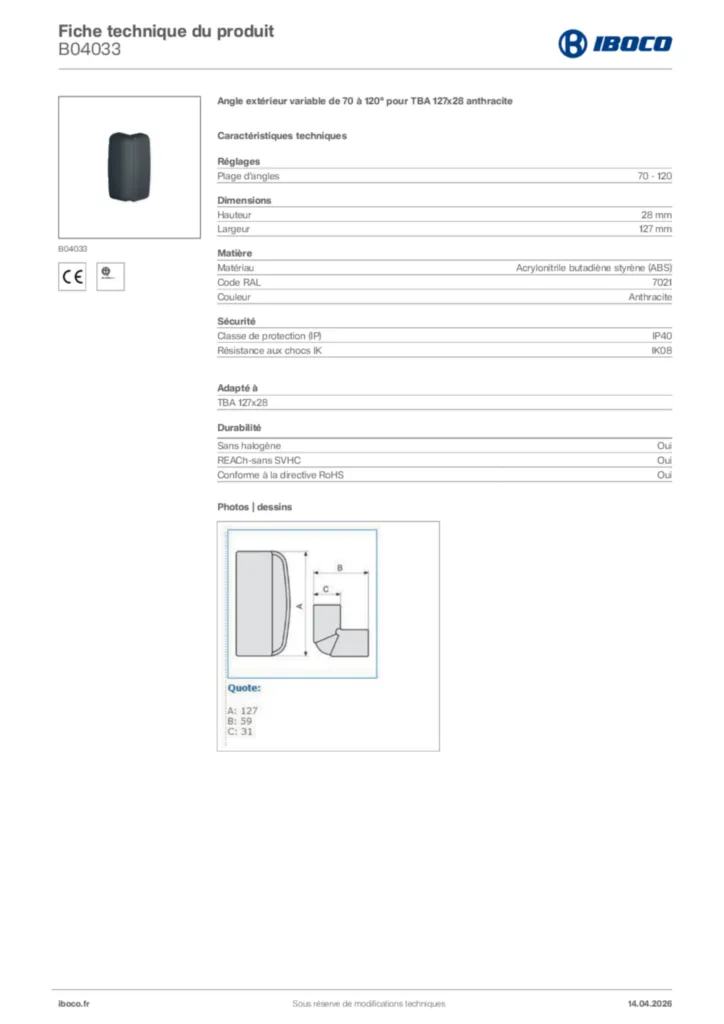 Image Iboco Fiche technique du produit B04033 | Hager France