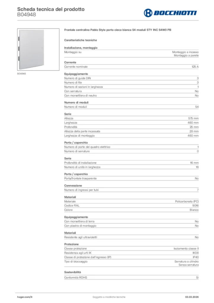 Immagine Bocchiotti Scheda tecnica del prodotto B04948 | Hager Italia