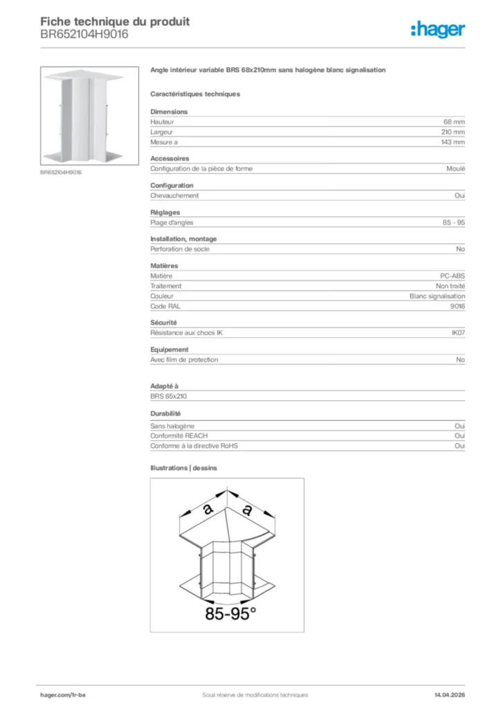 Image Hager Fiche technique du produit BR652104H9016 | Hager Belgique