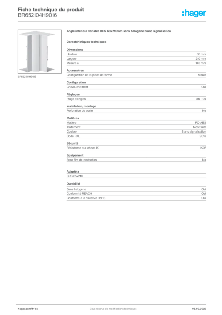 Image Hager Fiche technique du produit BR652104H9016 | Hager Belgique