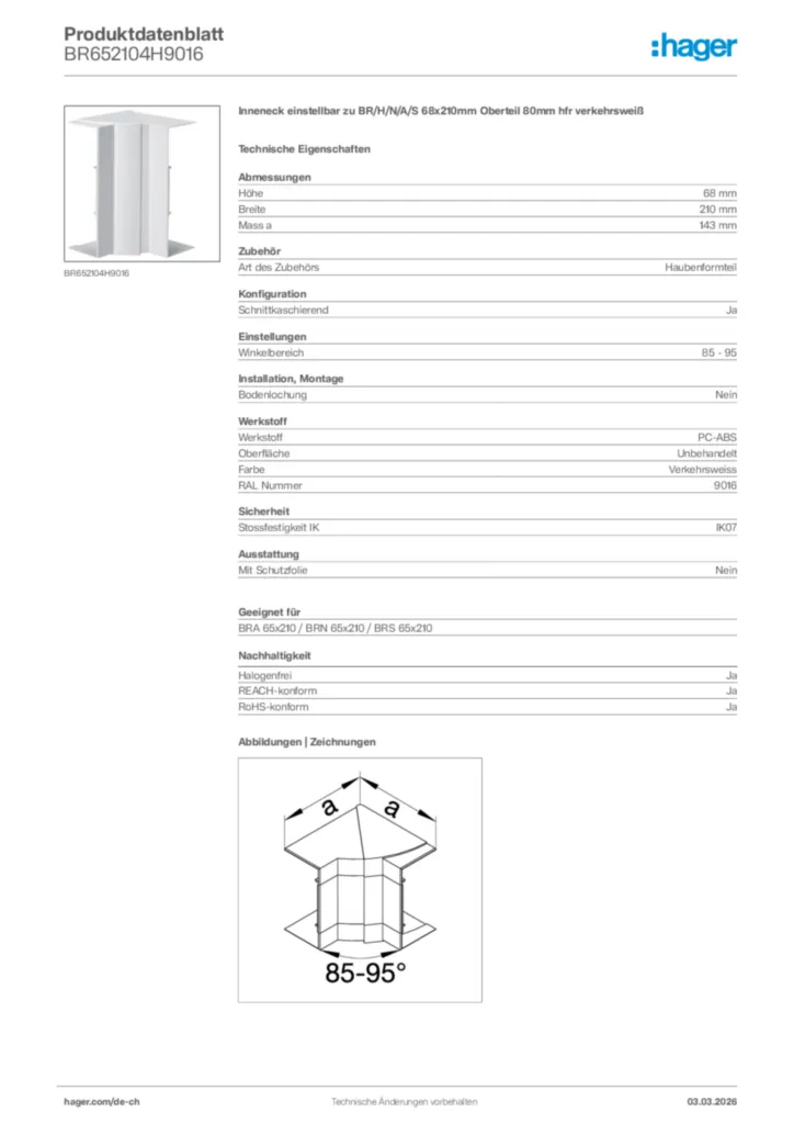 Bild Hager Produktdatenblatt BR652104H9016 | Hager Schweiz