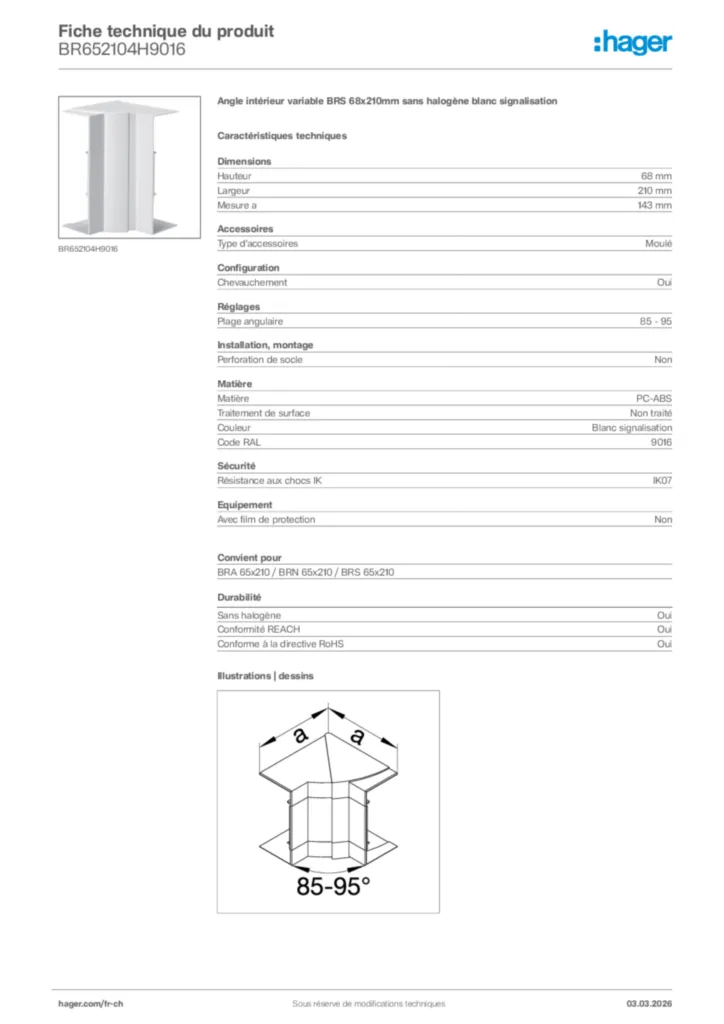 Image Hager Fiche technique du produit BR652104H9016 | Hager Suisse