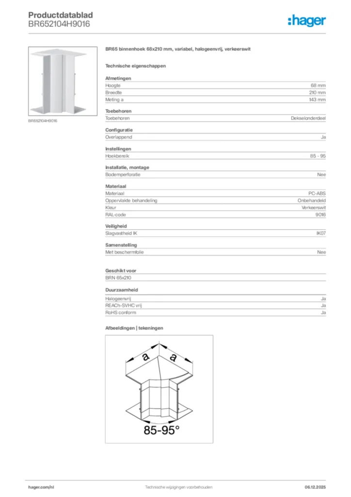 Afbeelding Hager Productdatablad BR652104H9016 | Hager Nederland